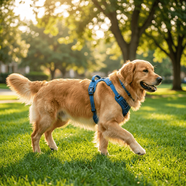 Afb39eb80051c422b991184eefd66f992X Blue heavy-duty dog harness on a golden retriever in a sunny park — Petsy premium dog gear