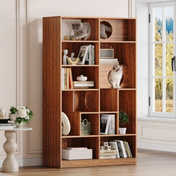 cat house multi-tier vertical design with built-in cat nests and shelves for storage