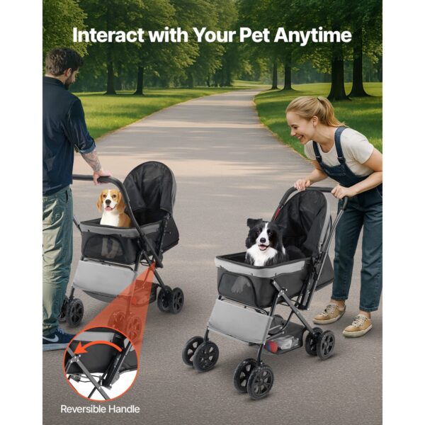 pet stroller with reversible handle for better interaction and control