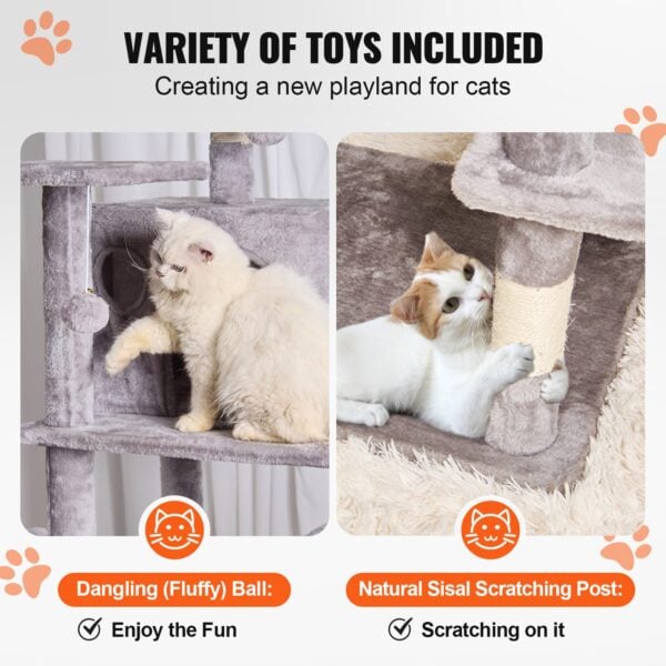 cat scratching tree with sisal posts and hanging toys