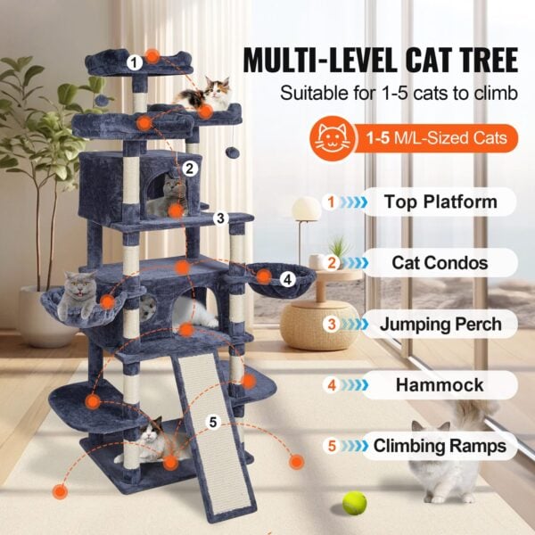 multi level cat tree tower with perches condos and hammocks