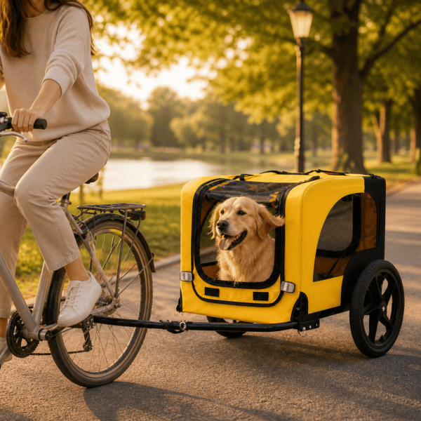 Dog enjoying a scenic ride in a yellow pet bike trailer attached to a bicycle, set in a golden-hour park environment with soft, natural lighting.