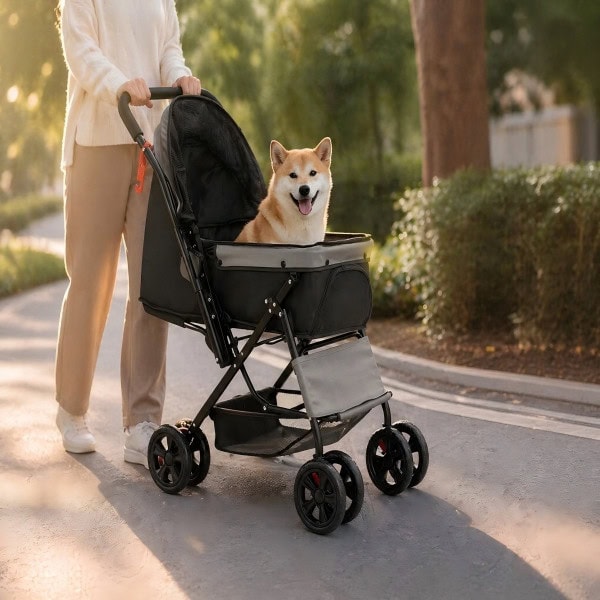 Comfortable pet stroller in motion on a quiet tree-lined path, featuring a cheerful dog enjoying a smooth outdoor ride in warm natural light.