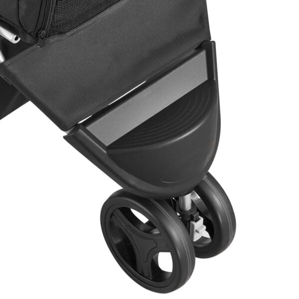 3974ce3df4918653955d9c91466b55e9 Durable 3-wheel dog stroller with rear safety brakes for secure stopping on city sidewalks.