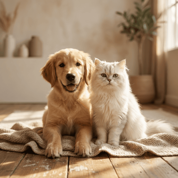 Golden retriever and white Persian cat sitting together on a cozy linen blanket — Petsy premium pet lifestyle