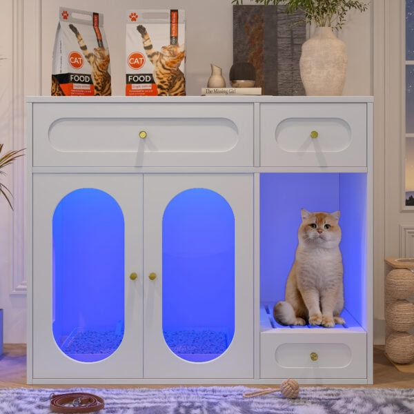 1 Hidden Litter Box Enclosure | LED Furniture Cabinet with Storage Drawers & Acrylic Doors