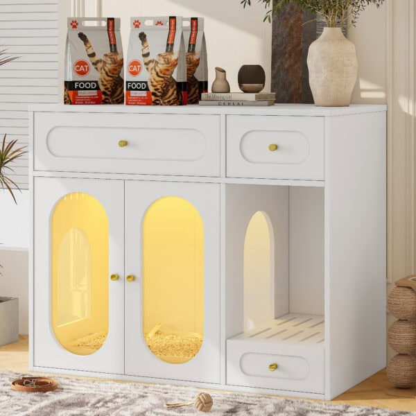 2 Petsy hidden litter box furniture cabinet in ivory white with LED lighting and storage drawers