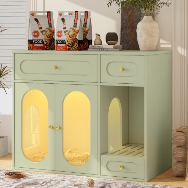 green1 Hidden Litter Box Enclosure | LED Furniture Cabinet with Storage Drawers & Acrylic Doors