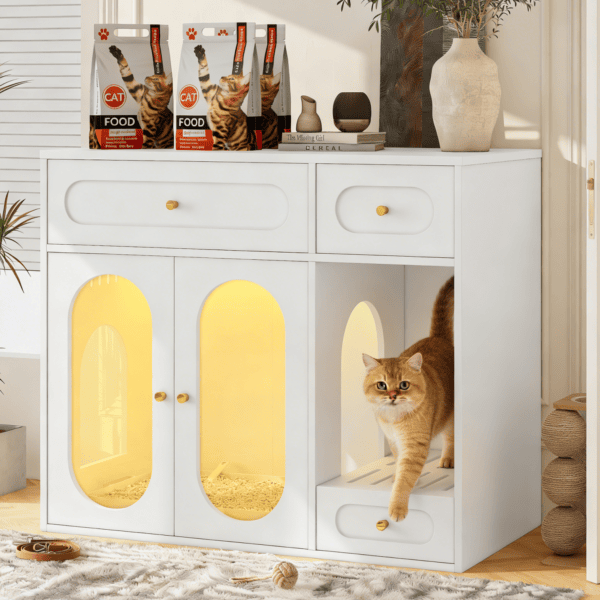 k11 Hidden Litter Box Enclosure | LED Furniture Cabinet with Storage Drawers & Acrylic Doors