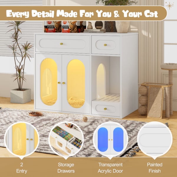 p2 Hidden Litter Box Enclosure | LED Furniture Cabinet with Storage Drawers & Acrylic Doors