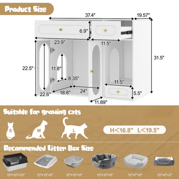 size Hidden Litter Box Enclosure | LED Furniture Cabinet with Storage Drawers & Acrylic Doors