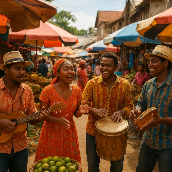 Musiciens malgaches jouant du salegy dans un marché traditionnel animé avec étals colorés et ambiance culturelle vivante.