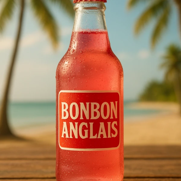 Bouteille de boisson Bonbon Anglais rosée sur une table en bois avec décor tropical à Madagascar.