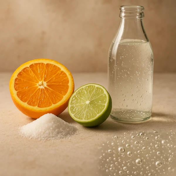 Ingrédients boisson tropicale : orange, citron vert, sucre de canne et bouteille pétillante en gros plan réaliste.