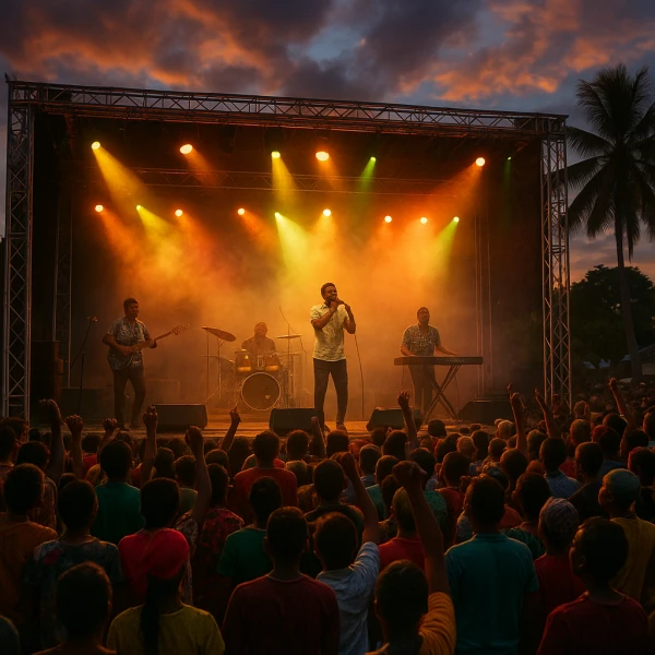 Concert Wawa en plein air à Madagascar avec foule, musiciens de salegy et éclairages tropicaux vibrants.