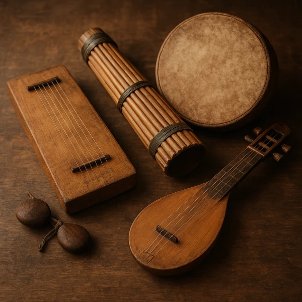 Instruments traditionnels malgaches sur table en bois, scène culturelle gasy authentique inspirée de la musique de Lôla.