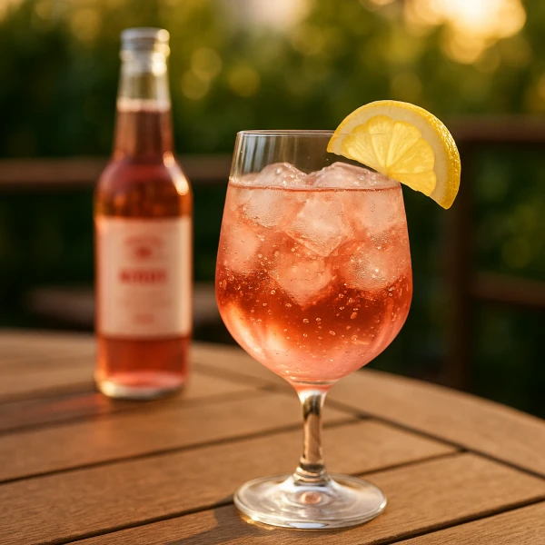 Verre de boisson rosée pétillante avec citron sur terrasse, dégustation rafraîchissante au Bonbon Anglais en fin d’après-midi.
