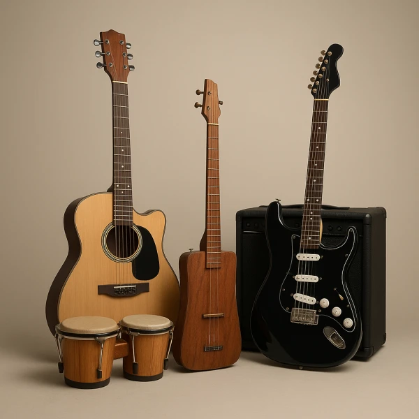 Instruments du salegy moderne : kabosy malgache, guitare électrique, percussions et amplis en studio.