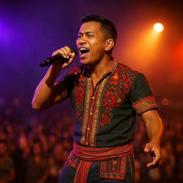 Chanteur malgache en concert live interprétant du salegy moderne sous lumières colorées devant un public animé.