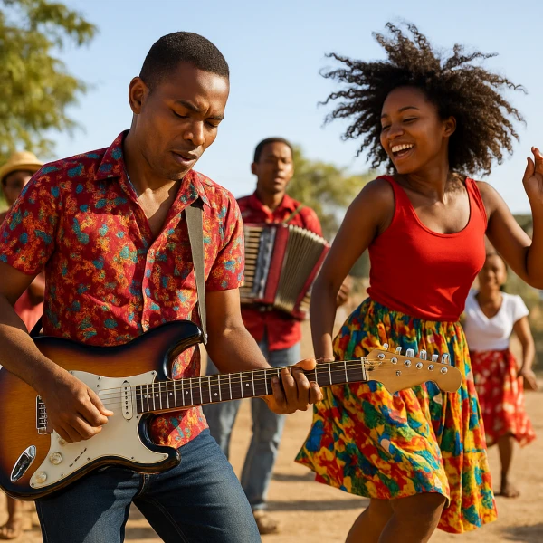 Groupe malgache jouant du salegy moderne en plein air avec guitare électrique et danseurs en tenue colorée.