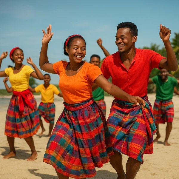 Danseurs malgaches en tenue colorée exécutant une chorégraphie salegy traditionnelle sur une plage ensoleillée.