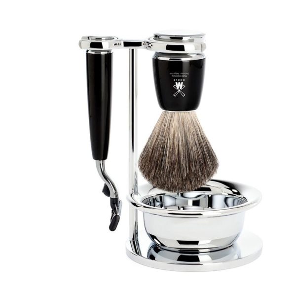 Muhle Shaving Set RYTMO 4 Piece Pure Badger Brush with 3 Blade MACH3 Razor - Black