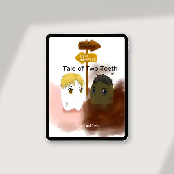 llustration comparing Clean Town with white healthy teeth and Dirty Town with yellow unhealthy teeth from children's dental book