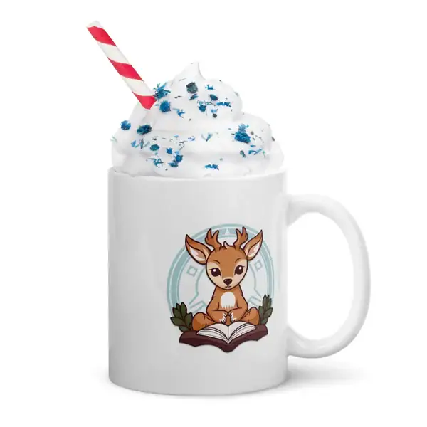 Deer reading a book coffee mug funny whimsical gift for book lovers nature enthusiasts and deer lovers