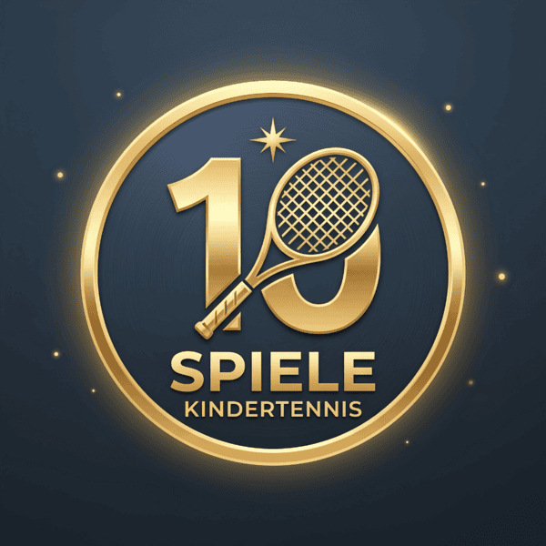Rundes goldenes Emblem mit der Zahl 10, Tennisschläger und Schriftzug "10 Spiele Kindertennis" für das Kindertraining-E-Book.