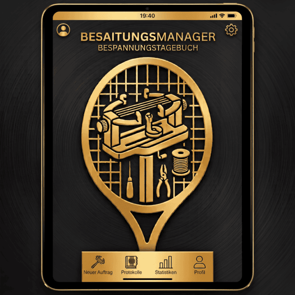 Digitales App-Interface "Besaitungs-Manager – Bespannungstagebuch" von train@game auf einem Tablet mit goldenem Schlägerelement und Besaitungswerkzeugen.