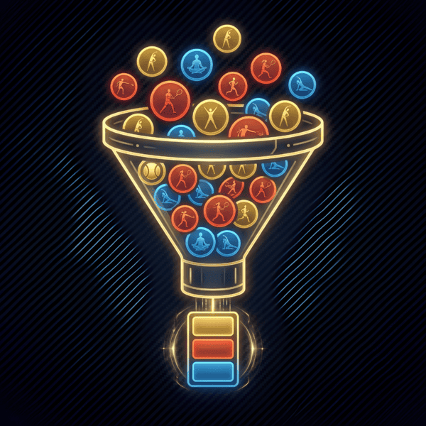 Vektorgrafik auf dunklem Hintergrund: Ein leuchtender Trichter symbolisiert den Tennis Stundenbild-Generator. Von oben fließen zahlreiche bunte Kreis-Icons mit verschiedenen Tennis-Aktionen, Athleten-Silhouetten und Sportübungen (in Gelb, Rot und Blau) hinein. Unten tritt daraus eine geordnete Drei-Phasen-Einheit aus.
