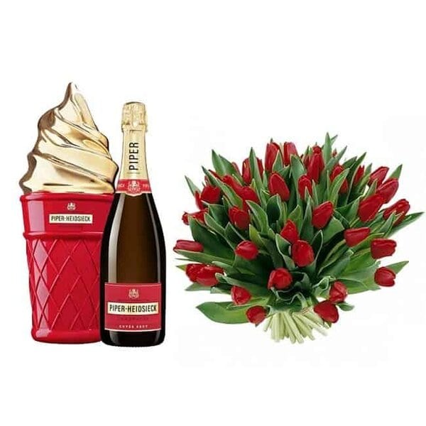 geschenk van champagne en bloemen