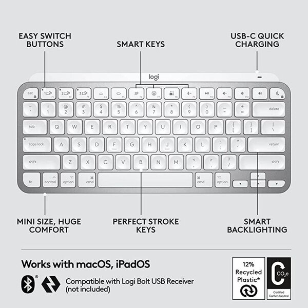 Logitech Mx Keys Mini teclado Avanzado Iluminado Gris-PALE GREY - Image 3