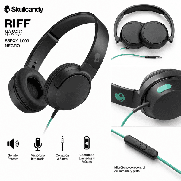 Audífonos Skullcandy Riff Wired Negro con Micrófono - Image 2