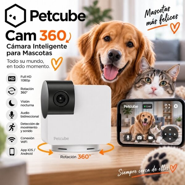 Camara Inteligente Petcube Cam 360 para Mascotas 1080p con Rotación 360°