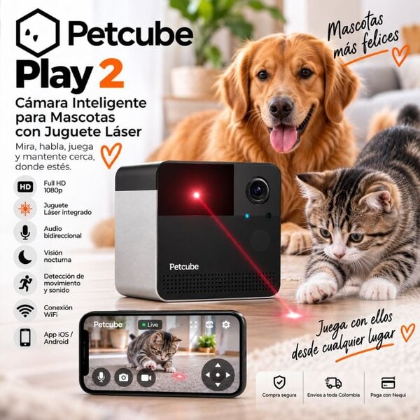 Camara Inteligente Petcube Play 2 para Mascotas 1080p con Juguete Láser