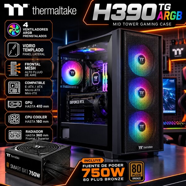Chasis Thermaltake H390 TG ARGB 4 Fans 750W 80 Plus Bronze Negro CA-3Y9-75S1WU-00
