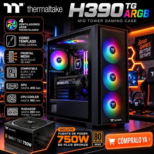 Chasis Thermaltake H390 TG ARGB 4 Fans 750W 80 Plus Bronze Negro CA-3Y9-75S1WU-00 - Image 3