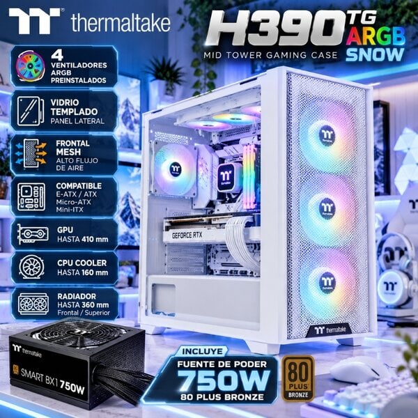 Chasis Thermaltake H390 TG ARGB Snow 4 Fans 750W 80 Plus Bronze Blanco CA-3Y9-75S6WU-00