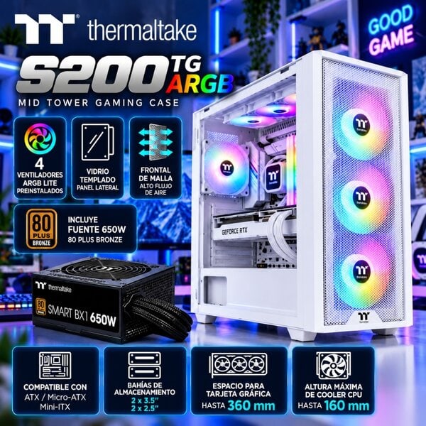 Chasis Thermaltake S200 TG ARGB Snow 4 Fans 650W 80 Plus Bronze Blanco CA-3X2-65M6WU-00-02