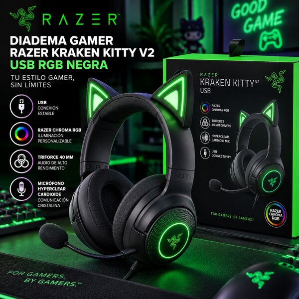 Diadema Gamer Razer Kraken Kitty V2 USB RGB Negra