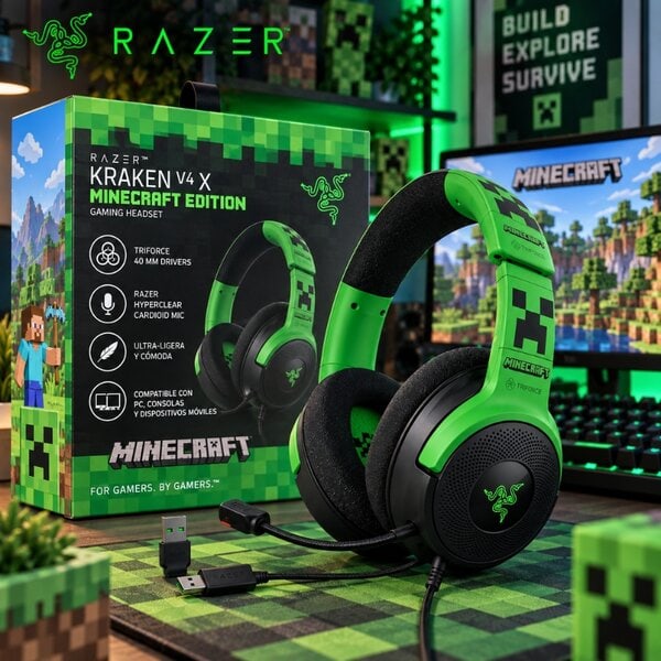 Diadema Gamer Razer Kraken V4 X Minecraft Edition