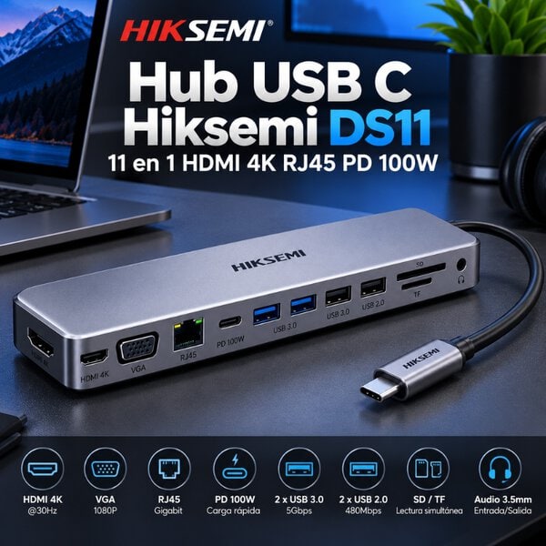 Hub USB C Hiksemi DS11 11 en 1 HDMI 4K RJ45 PD 100W