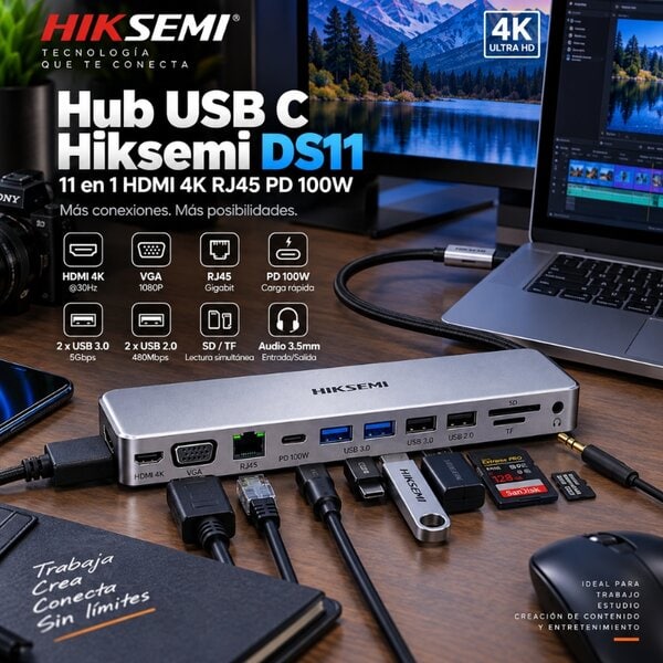 Hub USB C Hiksemi DS11 11 en 1 HDMI 4K RJ45 PD 100W - Image 2