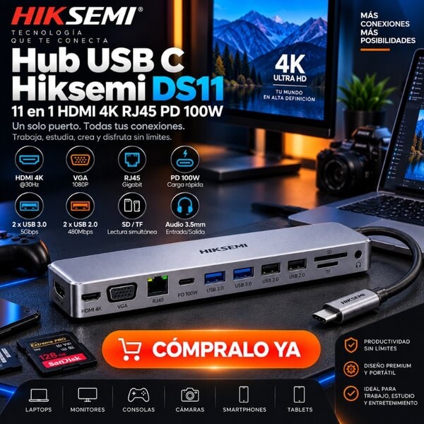 Hub USB C Hiksemi DS11 11 en 1 HDMI 4K RJ45 PD 100W - Image 3