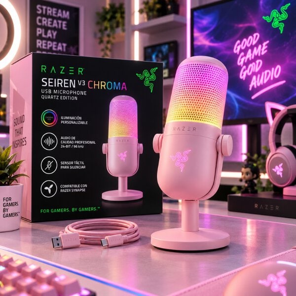 Micrófono Razer Seiren V3 Chroma RGB USB Quartz Rosa
