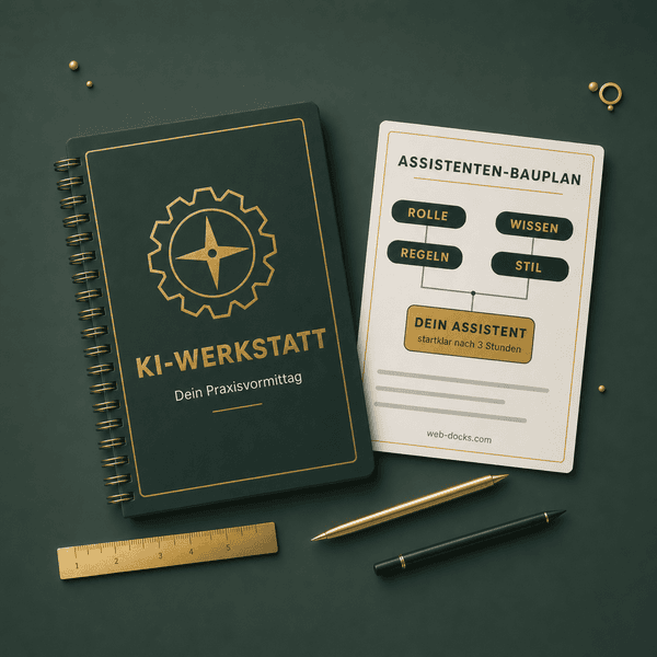 Notizbuch KI-Werkstatt mit Assistenten-Bauplan auf dunkelgrünem Hintergrund