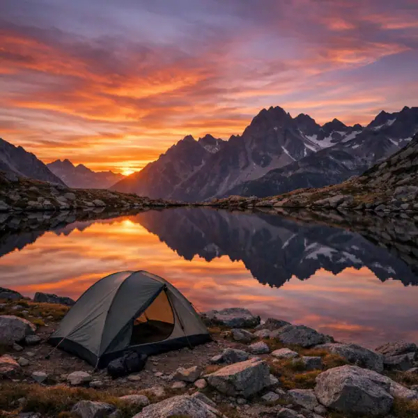 Bivouac au bord d'un lac d'altitude dans les Alpes du Beaufortain au coucher du soleil.