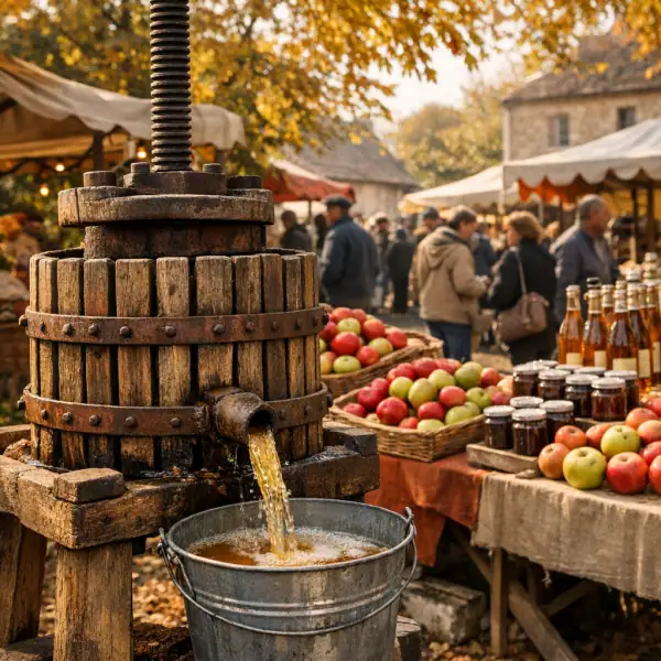 Marché automnal lors d'une fête de la pomme en France avec pressoir et produits du terroir.