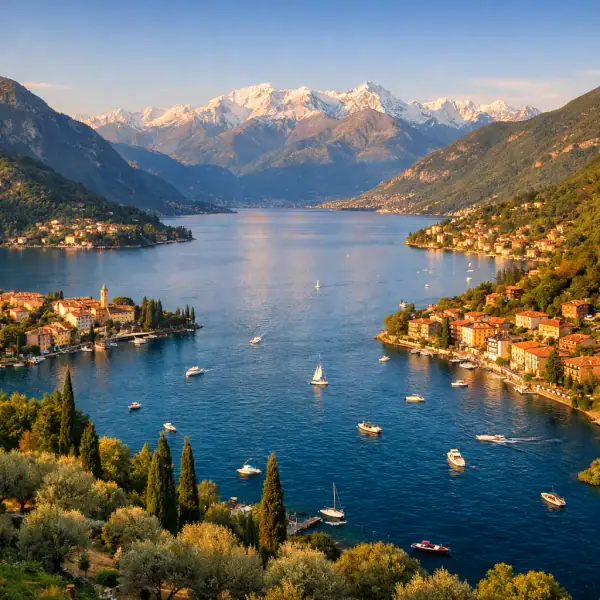 Vue panoramique sur les lacs du nord de l'Italie avec villages et montagnes alpines en arrière-plan.